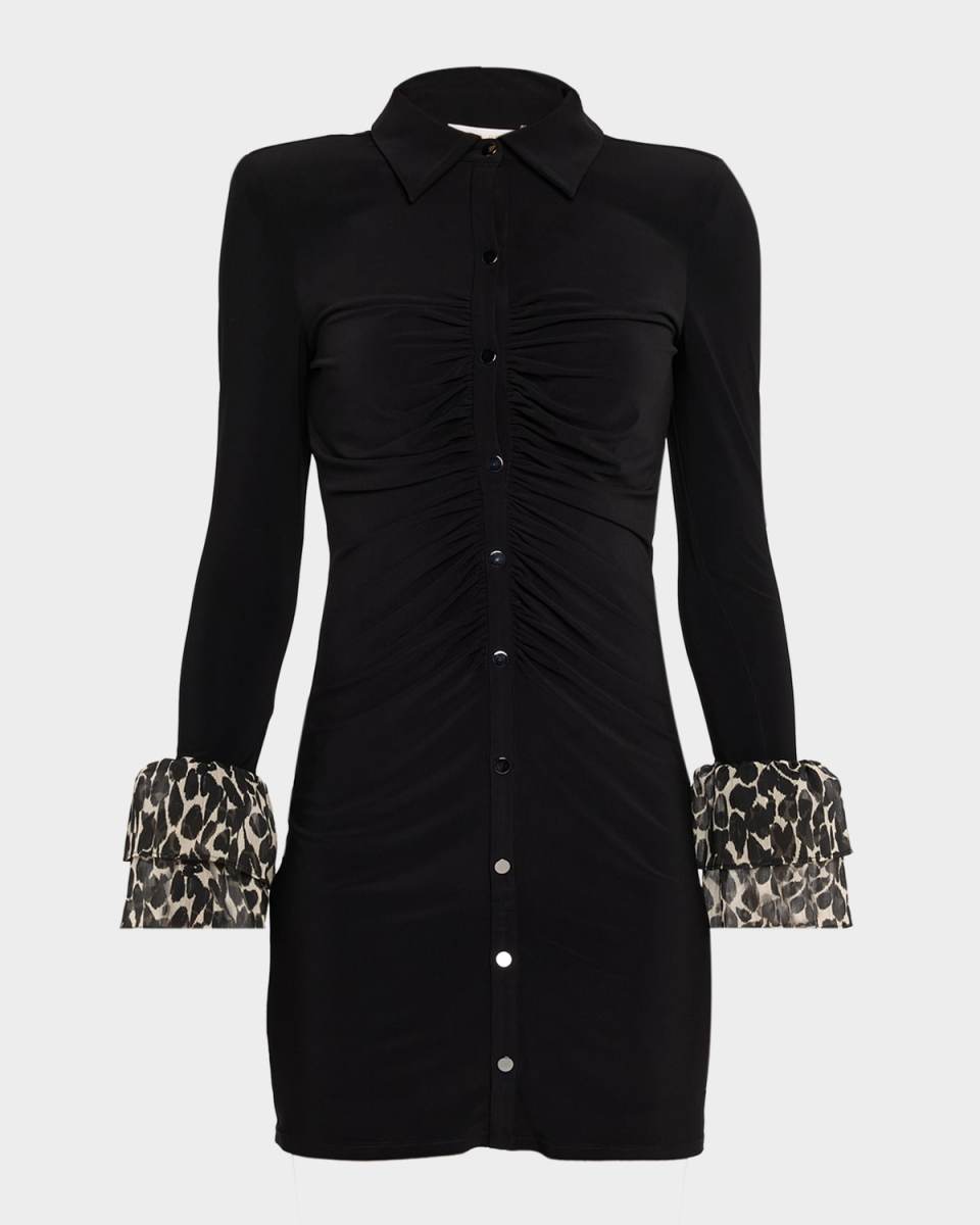 Foliage Printed Tiered Cuff Mini Shirtdress